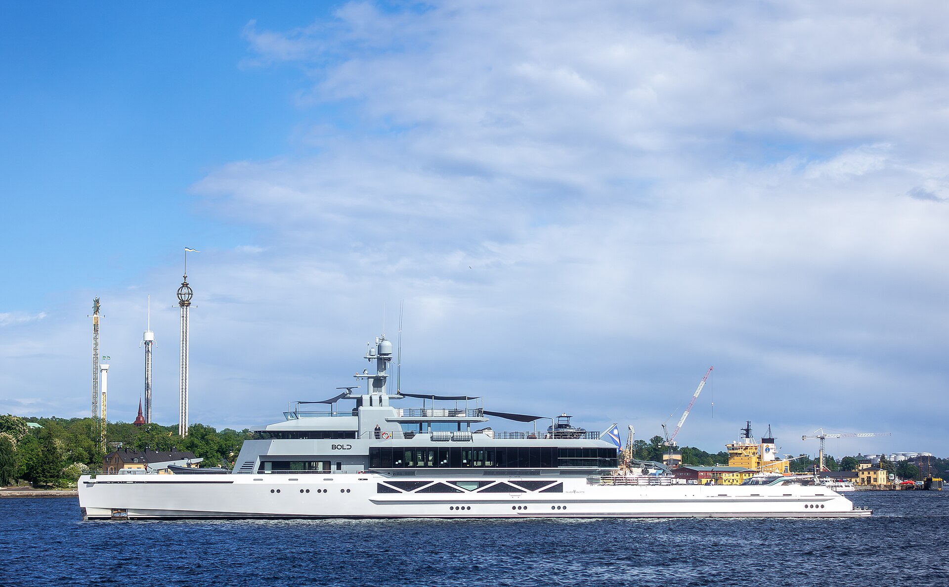 BOLD photographed broadside in Stockholm, with her pale hull and dark deckhouse visible.